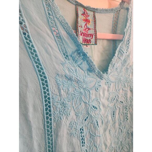 Johnny Was  3/4 sleeve flowy boho crochet embroidered  cupra  Rayon tunic size s - Picture 3 of 9